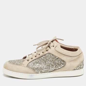 Pre Owned Jimmy Choo Brown/Gold Suede and Coarse Glitter Miami Sneakers Size 38