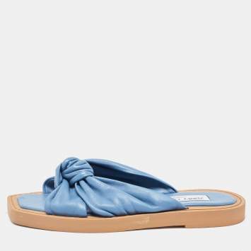 مملوكة مسبقًا Jimmy Choo Navy Blue Leather Bow Flat Slides Size 36