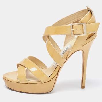 Pre Owned Jimmy Choo Beige Patent Leather Vamp Ankle Strap Sandals Size 37