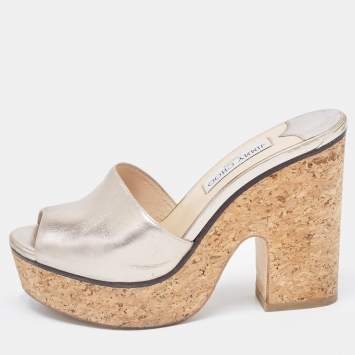 Pre Owned Jimmy Choo Metallic Silver Leather Cork Heel Sandals Size 39.5