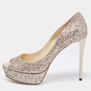 Pre Owned Jimmy Choo Gold Metallic Glitter Crown Peep Toe Pumps 40.5