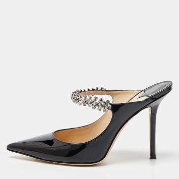 Pre Owned Jimmy Choo Black Patent Leather Bing Crystal Embellished Pointed Toe Mules Size 38.5