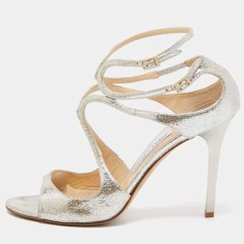 Pre Owned Jimmy Choo Silver Leather Lance  Ankle Strap Sandals Size 40