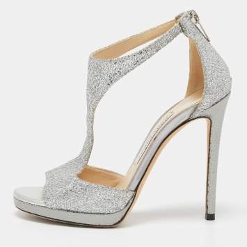 Pre Owned Jimmy Choo Silver Coarse Glitter Lana Sandals Size 36.5