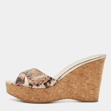 Pre Owned Jimmy Choo Brown/Beige Python Embossed Leather Prima Platform Wedge Sandals Size 38