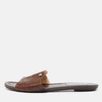 Pre Owned Jimmy Choo Brown Croc Embossed Leather Nanda Slides Size 38.5