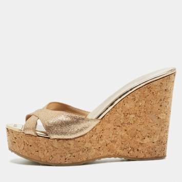 Pre Owned Jimmy Choo Gold Glitter Leather Prima Wedge Platform Sandals Size 36