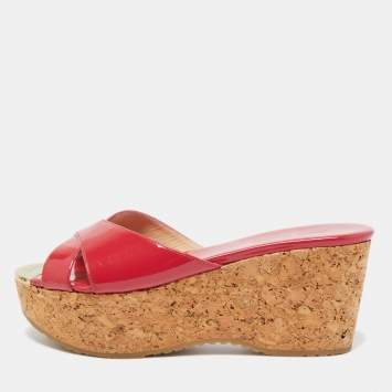 Pre Owned Jimmy Choo Pink Patent Leather Prima Cork Wedge Platform Sandals Size 37.5