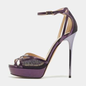 Pre Owned Jimmy Choo Purple Lace and Leather Laurita Sandals Size 37.5