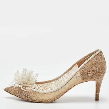 Pre Owned Jimmy Choo Beige Lace and Leather Pointed Toe Pumps Size 36.5