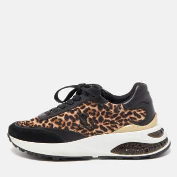 Pre Owned Jimmy Choo Black/Brown Leather and Leopard Print Nylon Memphis Sneakers Size 38