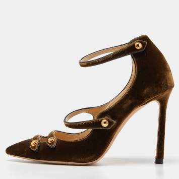 Pre Owned Jimmy Choo Olive Green Velvet Lacey Pumps Size 36