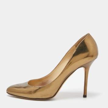 Pre Owned Jimmy Choo Gold Patent Leather Gilbert Pumps Size 37