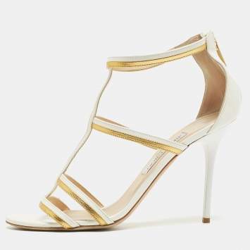 Pre Owned Jimmy Choo White/Gold Patent and Leather Ankle Sandals Size 39.5