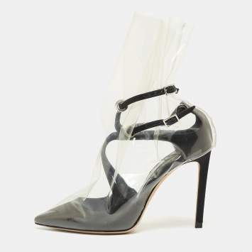 Pre Owned Jimmy Choo X Off-White Black/Transparent Satin And PVC Pointed Toe Ankle Boots Size 36