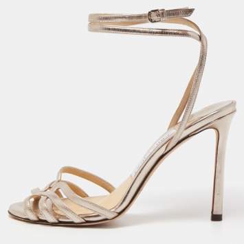 Pre Owned Jimmy Choo Metallic Silver Leather Ankle Strap Sandals Size 36