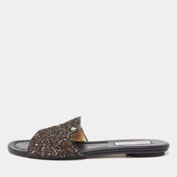 Pre Owned   Jimmy Choo Metallic Black Glitter and Patent Leather Nanda Flat Slides Size 40
