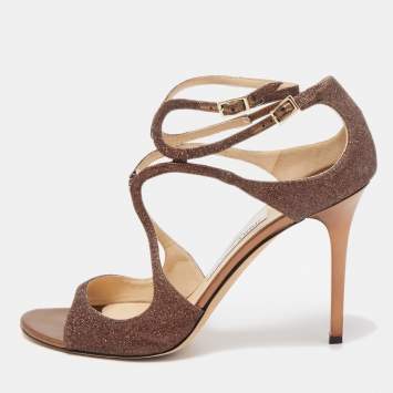 Pre Owned Jimmy Choo Metallic Brown Glitter Leather Lang Ankle Strap Sandals Size 41