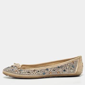 Pre Owned Jimmy Choo Beige Leather Crystal Embellished Weber Ballet Flats Size 37