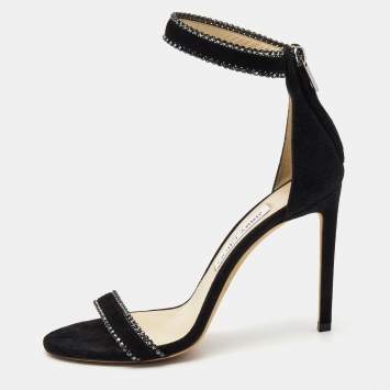 Pre Owned Jimmy Choo Black Suede Crystal Embellished Ankle Strap Sandals Size 39
