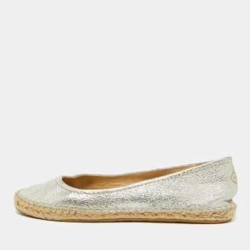 Pre Owned Jimmy Choo Metallic Silver Leather Pow Espadrille Flats Size 41
