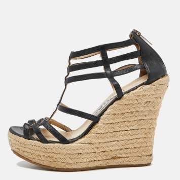 Pre Owned Jimmy Choo Black Leather Strappy Espadrille Wedge Sandals Size 37