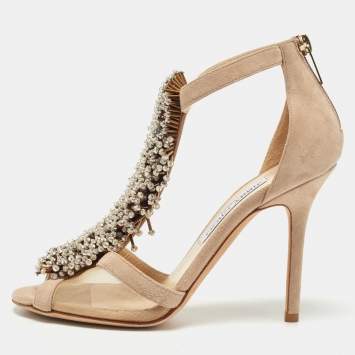 Pre Owned Jimmy Choo Beige Suede Feline Beaded Sandals Size 36