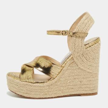 Pre Owned Jimmy Choo Gold Foil Leather Espadrille Wedge Platform Ankle Strap Sandals Size 37