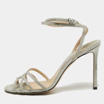 Pre Owned Jimmy Choo Silver Glitter Mime Ankle Wrap Sandals Size 39.5