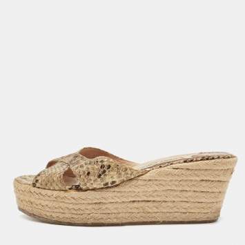 Pre Owned Jimmy Choo Beige/Brown Python Embossed Leather Phyllis Wedge Espadrille Slide Sandals Size 38