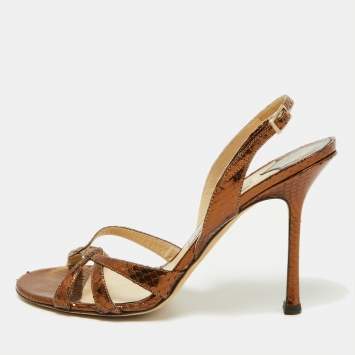 Pre Owned Jimmy Choo Metallic Bronze Python Embossed Leather Hepsie Slingback Sandals Size 39
