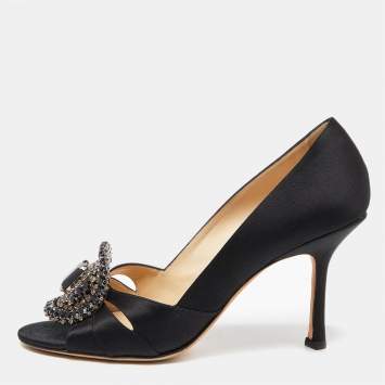 Pre Owned Jimmy Choo Black Satin Crystal Embellished Peep Toe Pumps 40.5