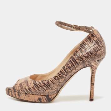 Pre Owned Jimmy Choo Two Tone Lizard Embossed Suede Peep Toe Ankle Strap Pumps Size 36.5