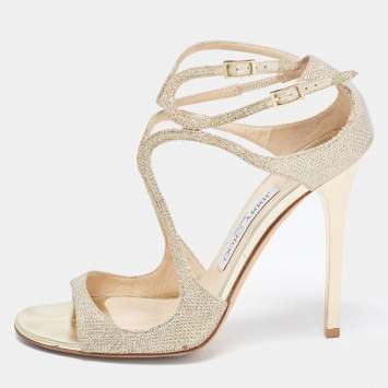 Pre Owned Jimmy Choo Gold Glitter Ivette Ankle Strap Sandals Size 38