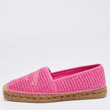 Pre Owned Jimmy Choo Pink Raffia and Leather Slip On Espadrille Flats Size 38