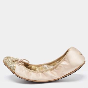 Pre Owned Jimmy Choo Beige Satin and Glitter Ballet Flats Size 38