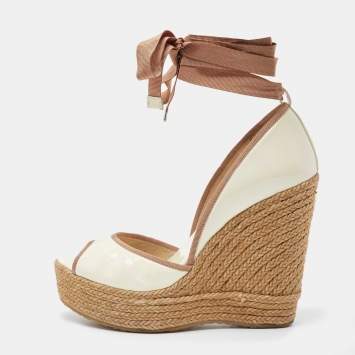 Pre Owned Jimmy Choo Off White/Brown Patent Leather and Fabric Open Toe Ankle Tie Espadrille Pumps Size 37