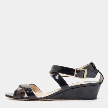 Pre Owned Jimmy Choo Black Patent Leather Chiara Crisscross Ankle Strap Wedge Sandals Size 39.5