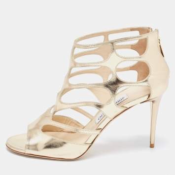 Pre Owned Jimmy Choo Gold Metallic Leather Ren Cut Out Peep Toe Sandals Size 38.5