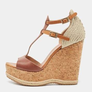 Pre Owned Jimmy Choo Brown Leather and Cork Preya Wedge Sandals Size 39