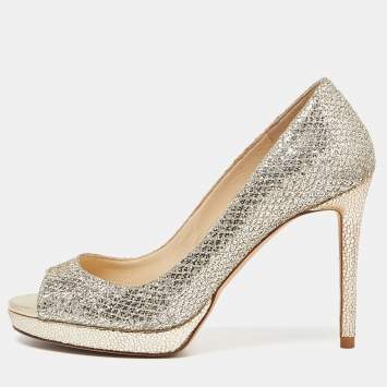Pre Owned Jimmy Choo Gold Glitter Peep Toe Dahlia Pumps Size 35.5