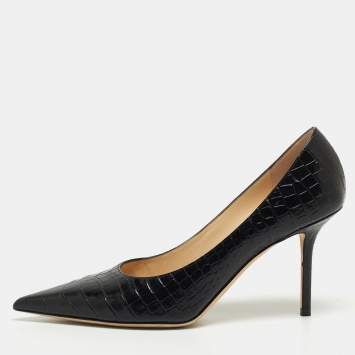 مملوكة مسبقًا Jimmy Choo Black Croc Embossed Leather Love 85 Pointed Toe Pumps Size 39.5