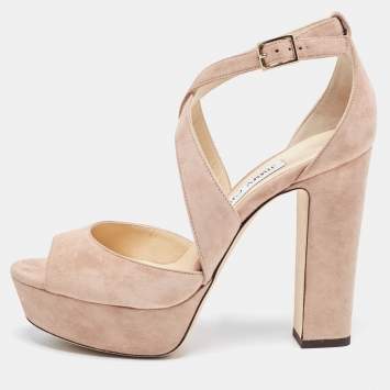 Pre Owned Jimmy Choo Beige Suede April Platform Ankle Strap Sandals Size 37.5