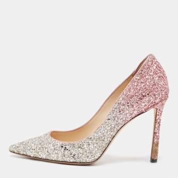 Pre Owned Jimmy Choo Ombre Silver/Pink Coarse Glitter Romy Pumps Size 37