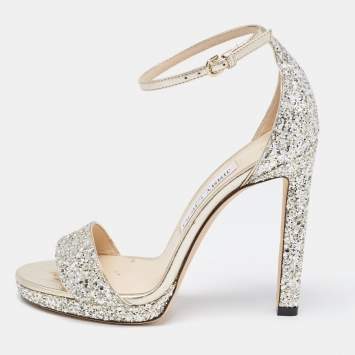 مملوكة مسبقًا Jimmy Choo Silver/Gold Glitter and Leather Misty Ankle Strap Sandals Size 37