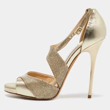 Pre Owned Jimmy Choo Gold Lame Fabric and Leather Tyne Ankle Strap Sandals 36.5