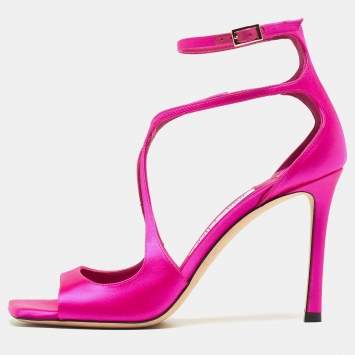Pre Owned Jimmy Choo Pink Satin Azia 95 Ankle Strap Sandals Size 36.5