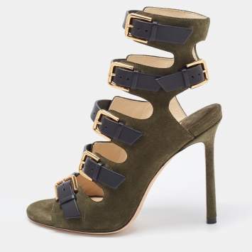 Pre Owned Jimmy Choo Green/Black Suede and Leather Strappy Sandals Size 36
