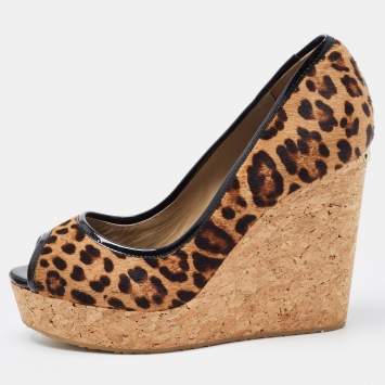 Pre Owned Jimmy Choo Brown/Beige Leopard Print Calf Hair and Patent Leather Papina Trim Cork Wedge Platform Pumps Size 39