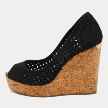 Pre Owned Jimmy Choo Black Suede Cork Wedge Pumps Size 37